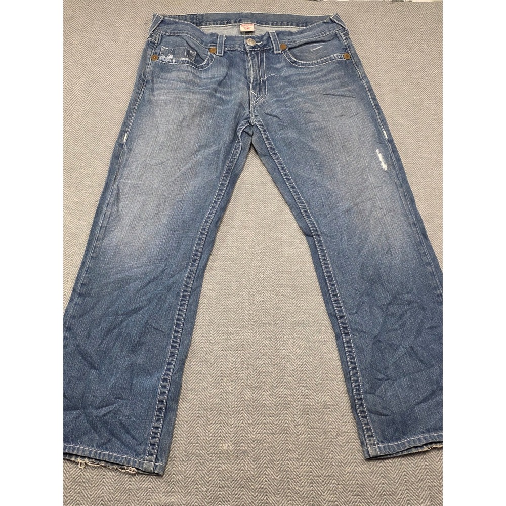 True Religion Bobby Mens‎ Jeans 38x29 Blue Big T Stitch Straight Leg Made in USA